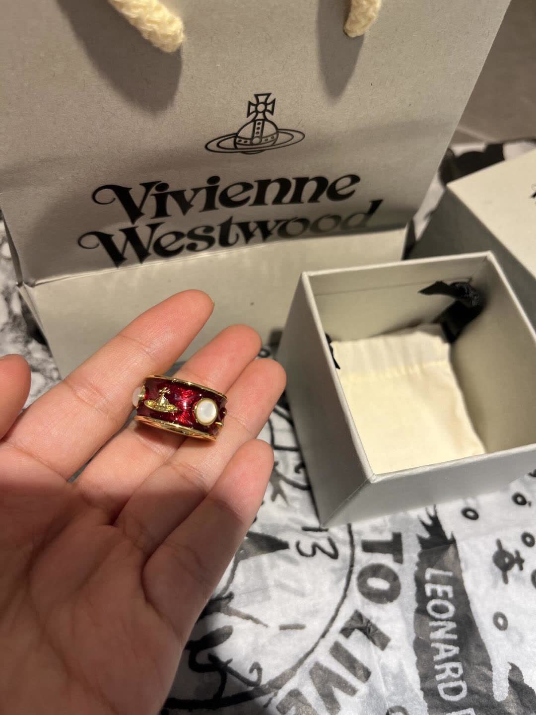 Vivienne Westwood Red Enamel Ring with Pearl